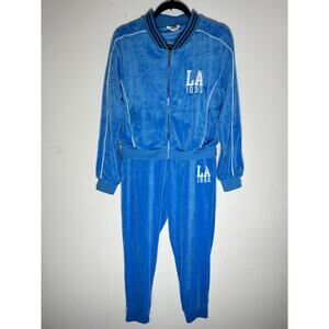 Refuge Athletics Blue Velour Track Suit Women Large Los Angeles Jacket Pants